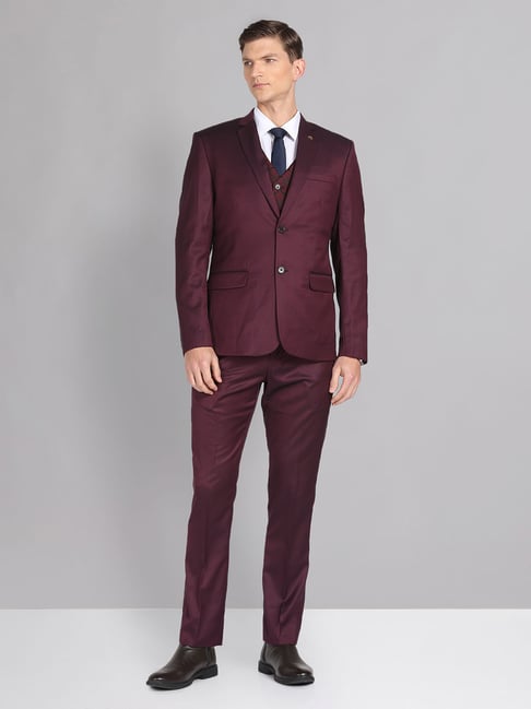 AD by Arvind Wine Regular Fit Textured Three Piece Suit