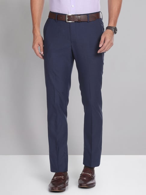 AD by Arvind Dark Blue Slim Fit Flat Front Trousers-picture-26