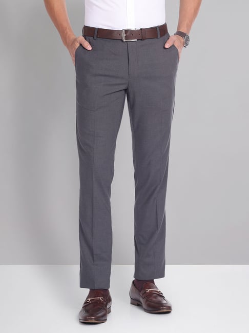 AD by Arvind Dark Grey Melange Slim Fit Flat Front Trousers-picture-20
