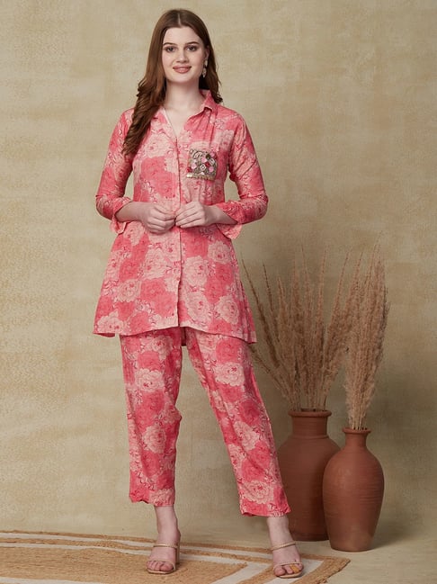 Floral Print Pink Pant Set For Girls Shirt And Pants Outfit For