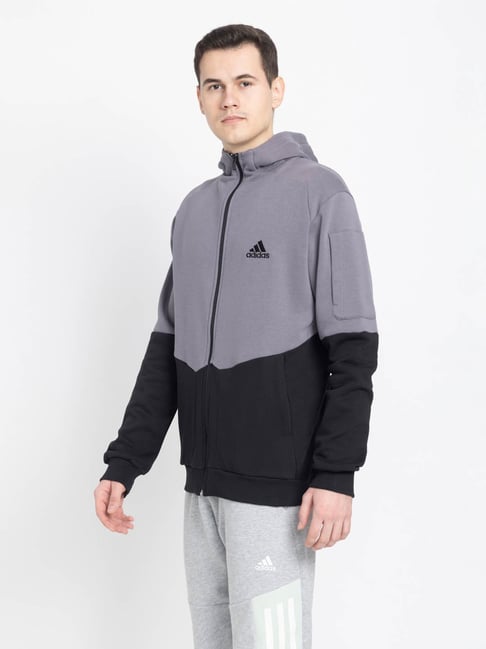 Buy Adidas Grey Black Regular Fit Colour Block Sports Hoodie for Mens Online Tata CLiQ