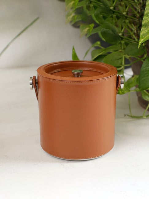 Home4U Cornflake Brown Stainless Steel Ice Bucket Leather Sheath With Tong