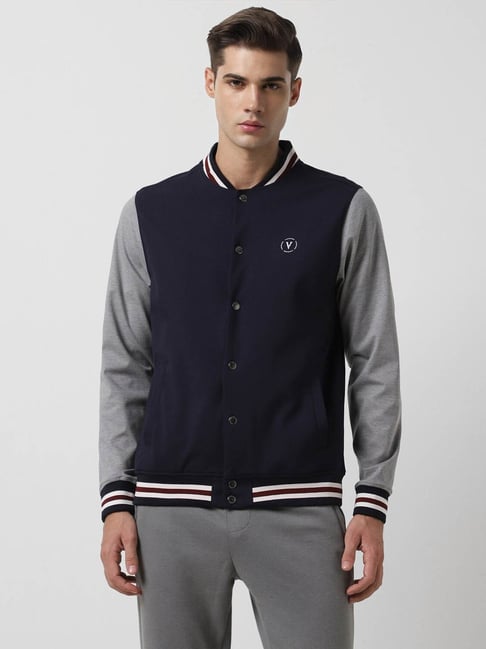 Van Heusen Flex Navy Regular Fit Colour Block Bomber Jacket-picture-37