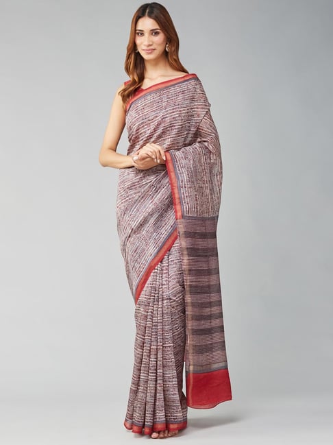 Pochampally Ikkat Temple Border Grey With Red Colour Cotton Designer Saree.  | eWe