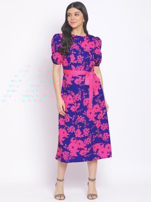Oxolloxo Blue Pink Floral Print Midi Dress