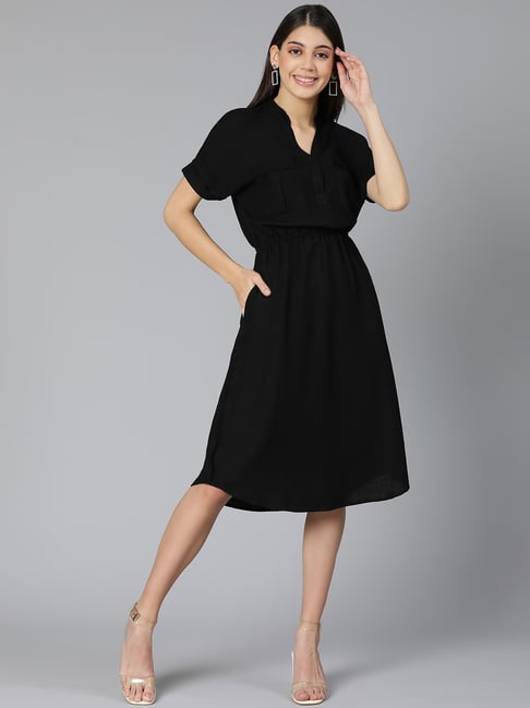 Oxolloxo Black Cotton Fit & Flare Dress