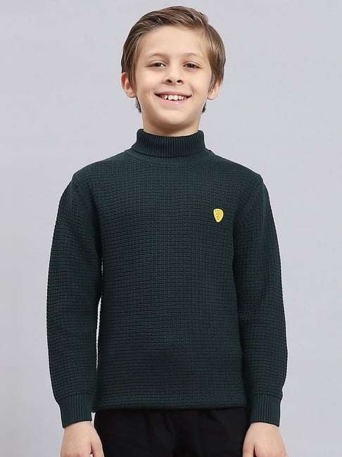 Monte Carlo Kids Dark Green Solid Full Sleeves Sweater