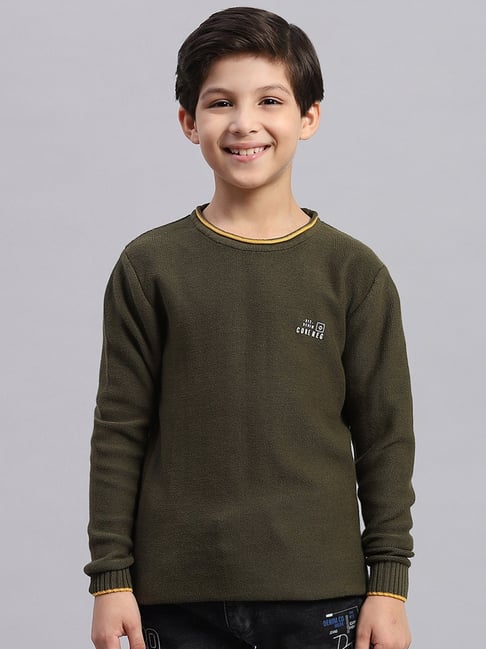Monte Carlo Kids Olive Solid Full Sleeves Sweater