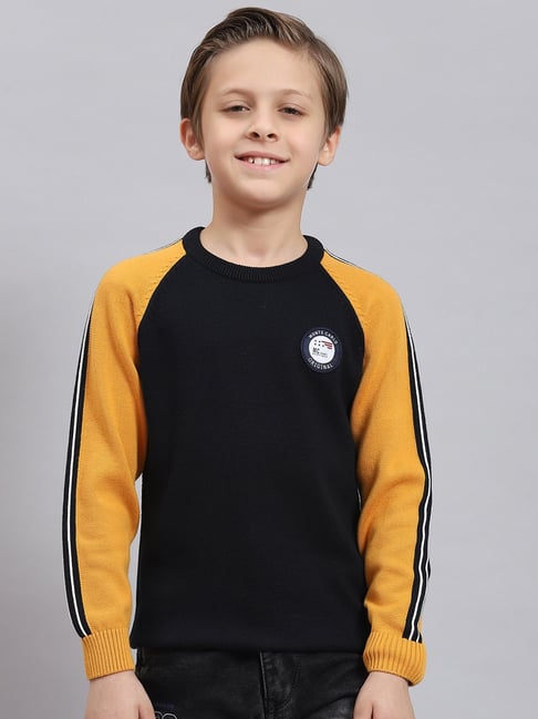 Monte Carlo Kids Navy Mustard Solid Full Sleeves Sweater