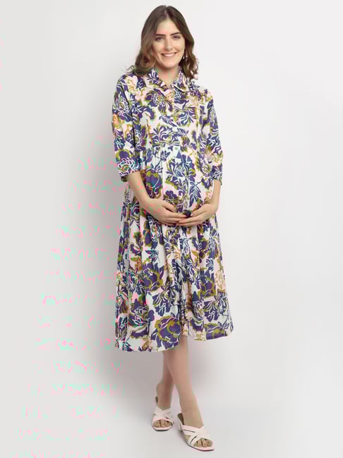 Moms Maternity Blue Printed Dress