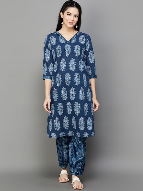 Melange by Lifestyle Blue Cotton Printed Kurta Salwar Set