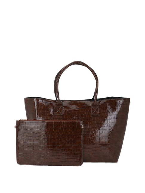 Buy Forever 21 Brown PU Textured Tote Handbag with Pouch Online At