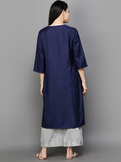 Melange by Lifestyle Navy Embroidered Straight Kurta