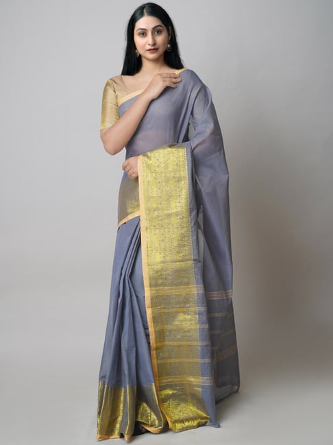 Unnati Silks Grey Cotton Woven Saree With Unstitched Blouse-picture-10