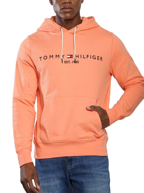 Tommy Hilfiger Peach Dusk Cotton Regular Fit Logo Printed Hooded Sweatshirt