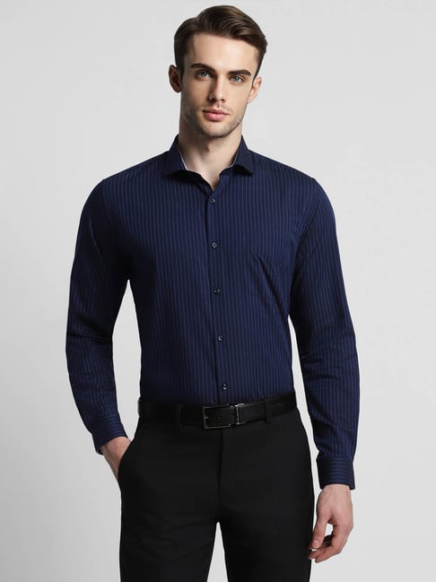 Peter England Navy Slim Fit Striped Shirt