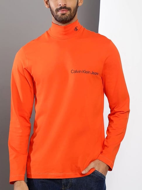 Buy Calvin Klein Jeans Orange Cotton Comfort Fit T-Shirt for Mens