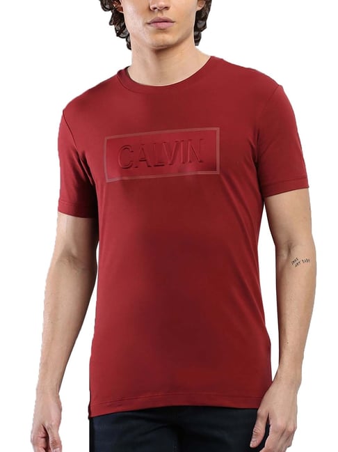 Calvin Klein Jeans Maroon Cotton Slim Fit Logo Printed T-Shirt