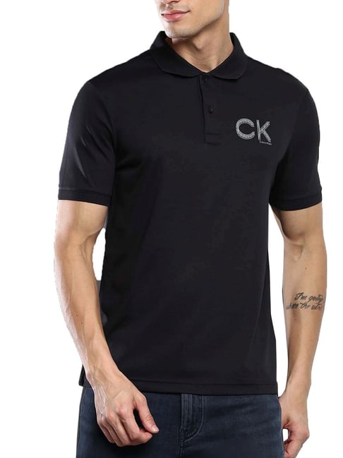 Calvin Klein Jeans Black Cotton Regular Fit Logo Printed Polo T-Shirt - Main Image