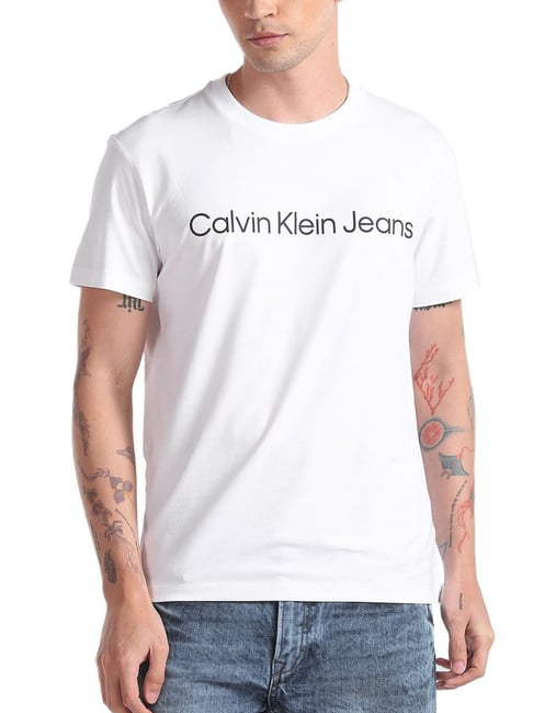 Buy Calvin Klein Jeans White Cotton Regular Fit Logo Printed T-Shirt for  Mens Online @ Tata CLiQ
