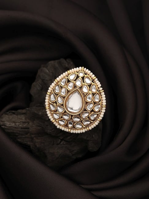 Aatmana Kundan Studded Pearl Embellished White Cocktail Ring for Women