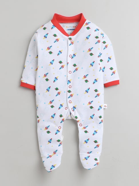 Bumzee Kids Red White Cotton Printed Full Sleeves Sleepsuit Pack of 2