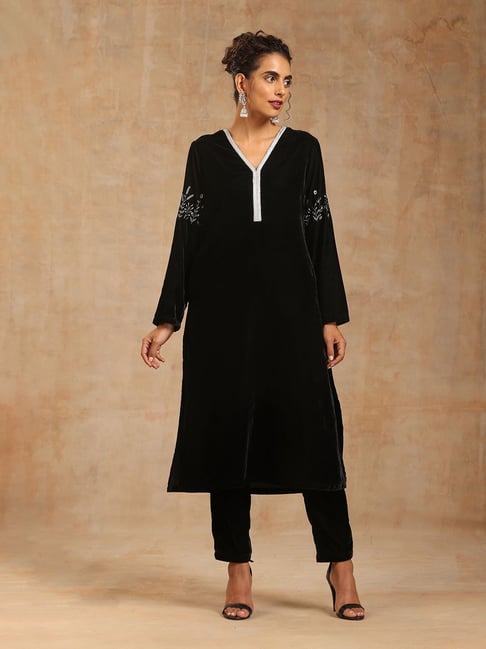 true Browns Black Velvet Embroidered A Line Kurta