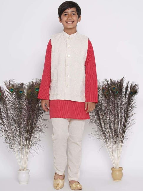Little Bansi Red & Off-White Cotton Embroidered Full Sleeves Kurta Set-picture-17