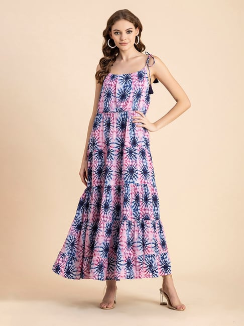 Pink printed viscose rayon maxi-dresses