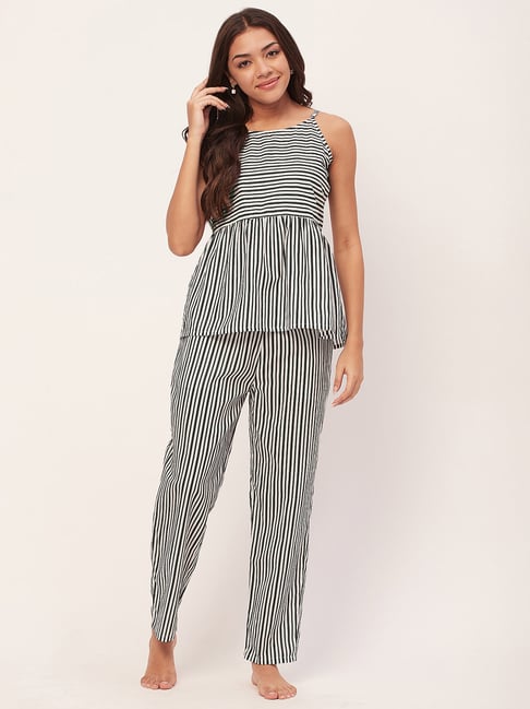 Moomaya White & Green Cotton Striped Top With Pyjamas-picture-10