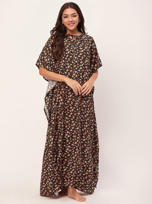 Moomaya Black Floral Print Kaftan Nighty-picture-40