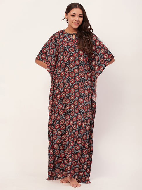 Moomaya Navy Floral Print Kaftan Nighty-picture-15