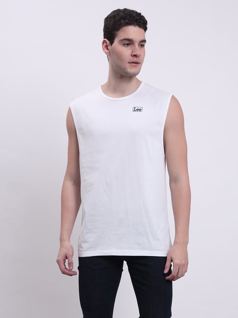 Lee White Regular Fit Logo Print Cotton Sleeveless T-Shirt