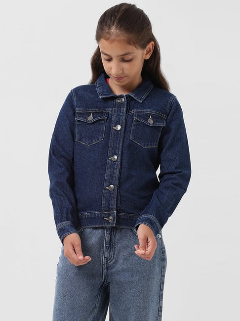 VERO MODA GIRL Dark Blue Solid Full Sleeves Denim Jacket