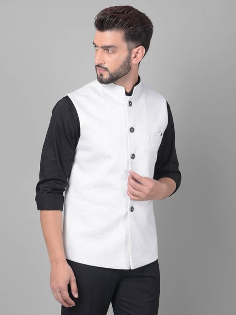 Crimsoune Club Off White Slim Fit Striped Nehru Jacket