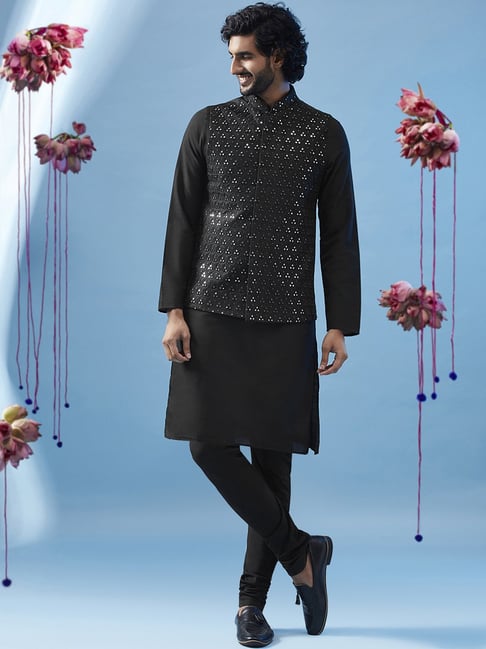 Men's Silk Blend Black Kurta Pyjama & Dark Green Nehrujacket Combo -  Sojanya - Black / L | Men's ethnic wear, Nehru jackets, Cotton silk fabric