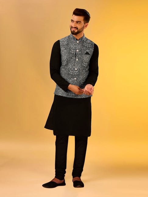 Designer Mens Wear Black Nehru Jacket Set