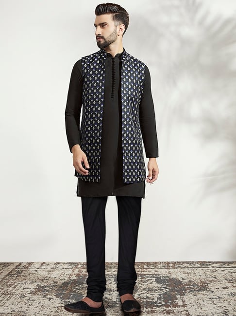 Buy Benstoke Men's Silk Blend Black Kurta With Pyjama & Orange Nehru Jacket  Online at Best Prices in India - JioMart.