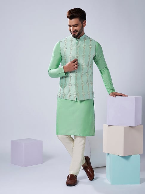 SHOWOFF Men's Solid Mandarin Collar Sea Green Nehru Jacket