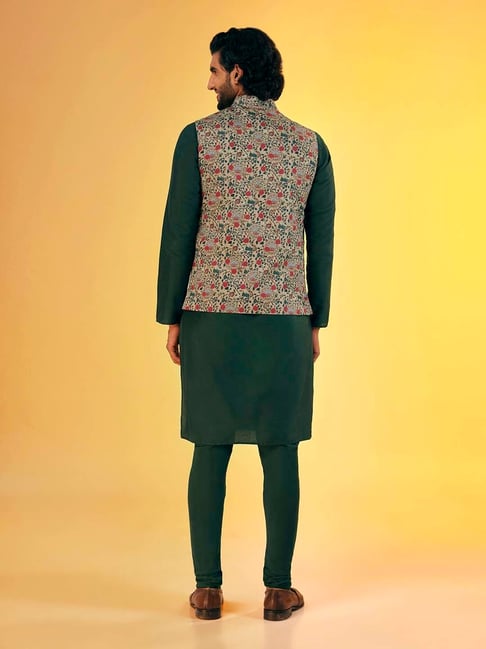 Men's Olive Green Sequins and Embroidred Nehru Jacket With Solid Kurta –  Jompers