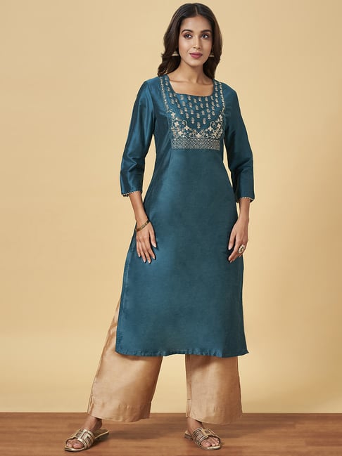 YU by Pantaloons Teal Blue Embroidered Straight Kurta