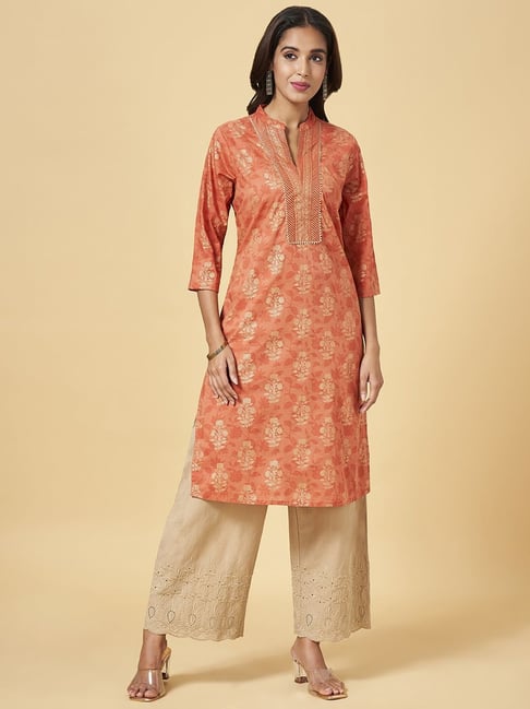 Rangmanch by Pantaloons Orange Cotton Embroidered Straight Kurta