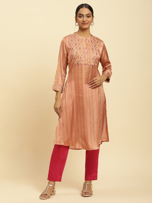 W Peach Striped A Line Kurta-picture-19