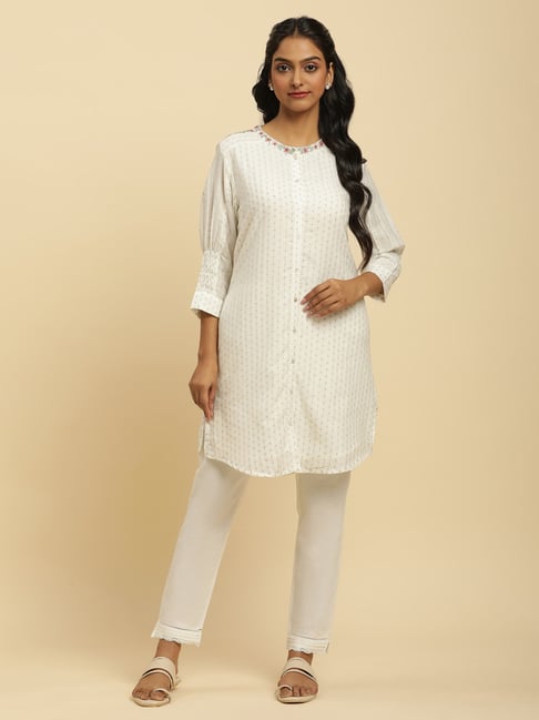 W Off-White Woven Pattern A Line Kurti-picture-21
