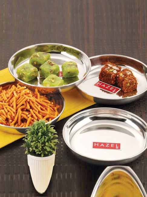 HAZEL Silver Stainless Steel Serving Plates L) Set of