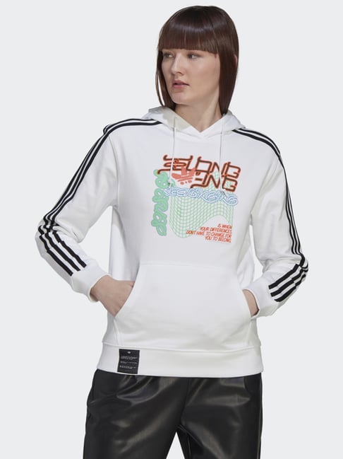 Adidas Originals White Cotton Printed Hoodie