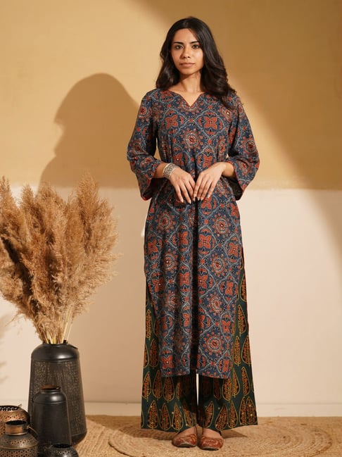 Love Chic Indigo Blue Cotton Ajrakh Straight Kurta-picture-27