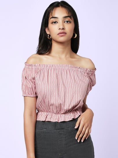 YU by Pantaloons Pink Cotton Embroidered Crop Top