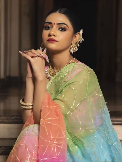 Multicolour embroidered pure chiffon saree by Calmna