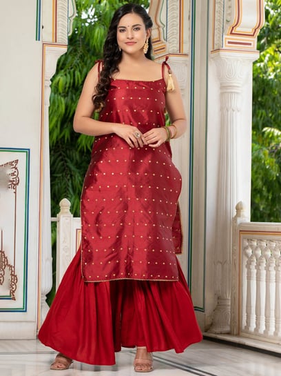Dark Red Faux Georgette with Embroidery Work Sharara Suit - Zoharin -  3057131